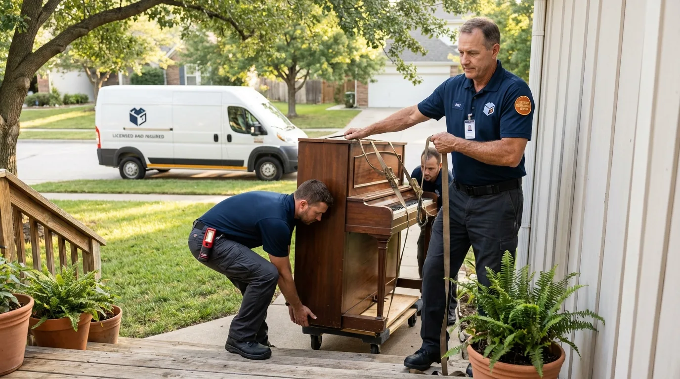 Licensed piano movers securing grand piano in Wilkesboro, NC