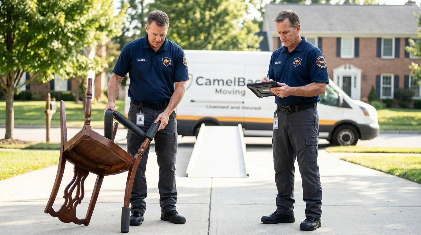 Movers inspecting furniture for damage prevention before loading in Wilkesboro, NC
