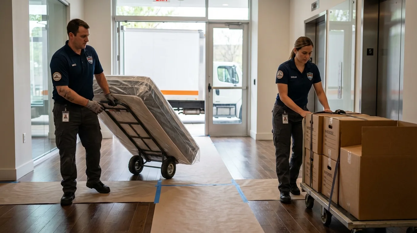 Professional apartment movers loading elevator in Wilkesboro, NC