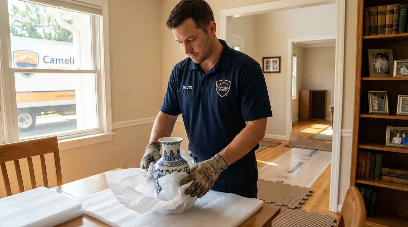 Professional crew carefully wrapping antique vase for senior downsizing move in Wilkesboro, NC